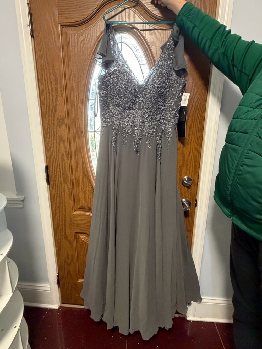 Adrianna Papell Gray Beaded V-Neck Prom Gown
